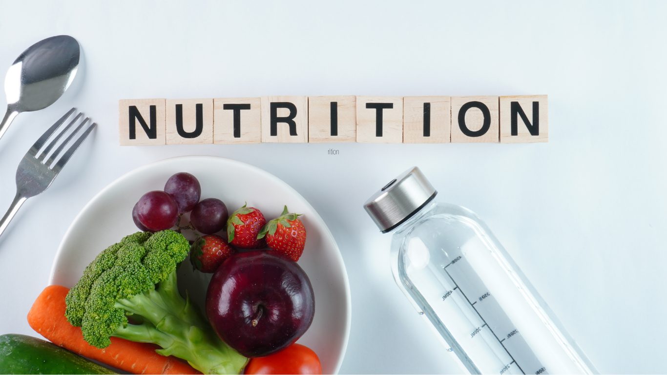 image of a bowl of food and cutlery.The word 'nutrition' above