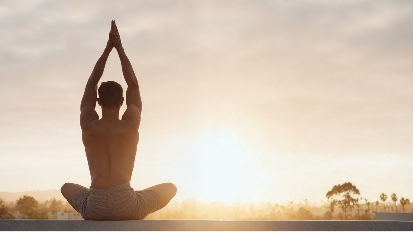 man meditating to the sunrise