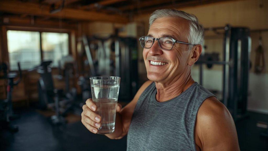 old man in a gym holding a glass of water