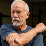 old man outside stretching his shoulder