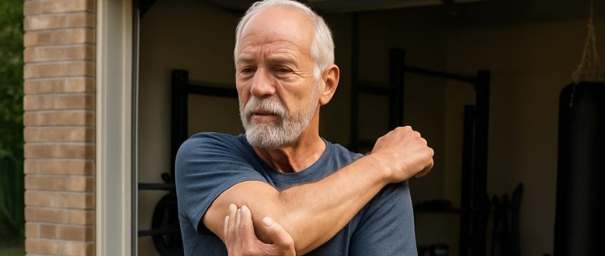 old man outside stretching his shoulder