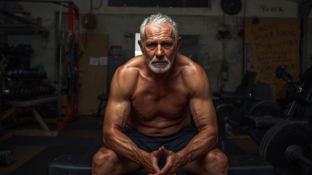 shirtless old man in a gym