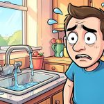 cartoon of a man next to a leaking sink