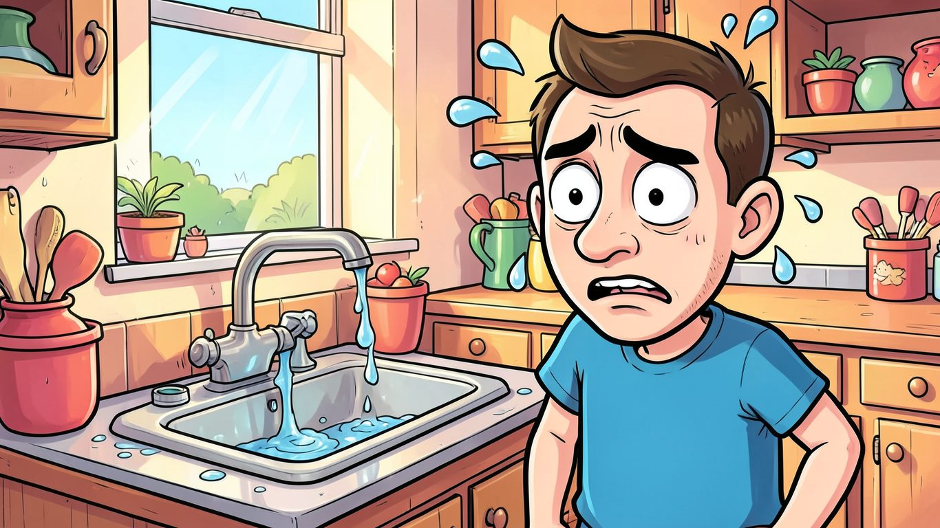 cartoon of a man next to a leaking sink