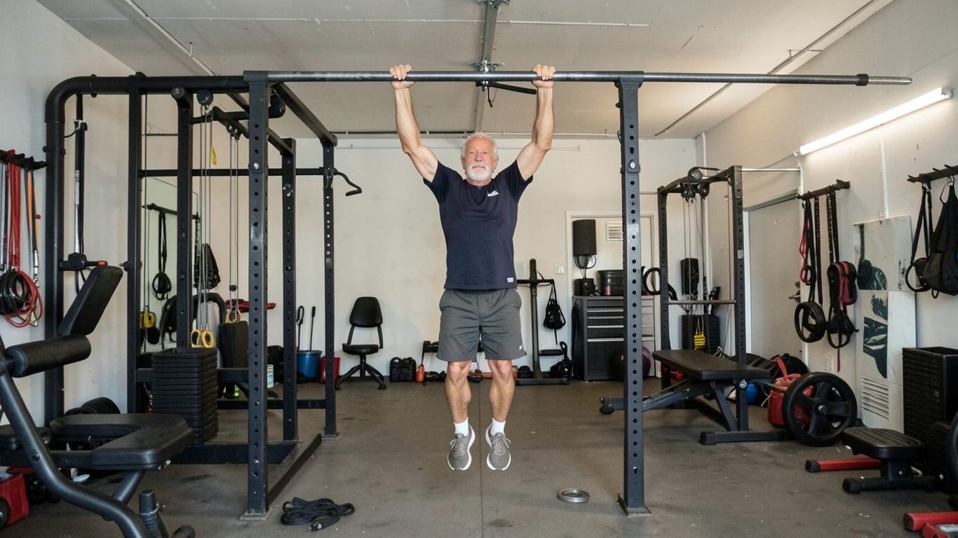 old man hanging from a pull up bar.
