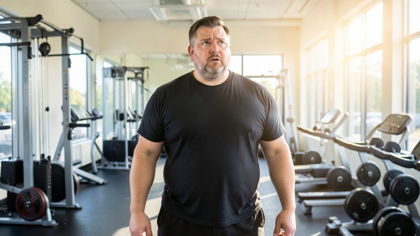 man looking confused in a gym
