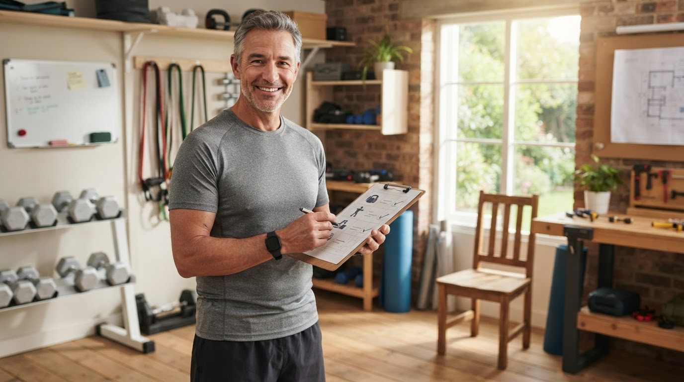 Active man over 50 reviewing strength metrics in a home gym workshop