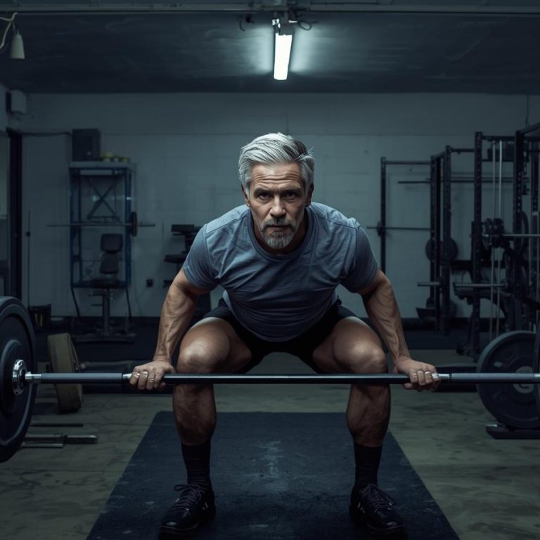 older man holing a barbell