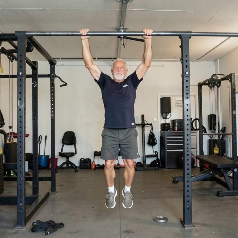 old man hanging from a pull up bar.