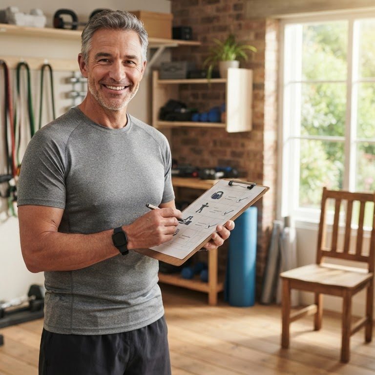 Active man over 50 reviewing strength metrics in a home gym workshop